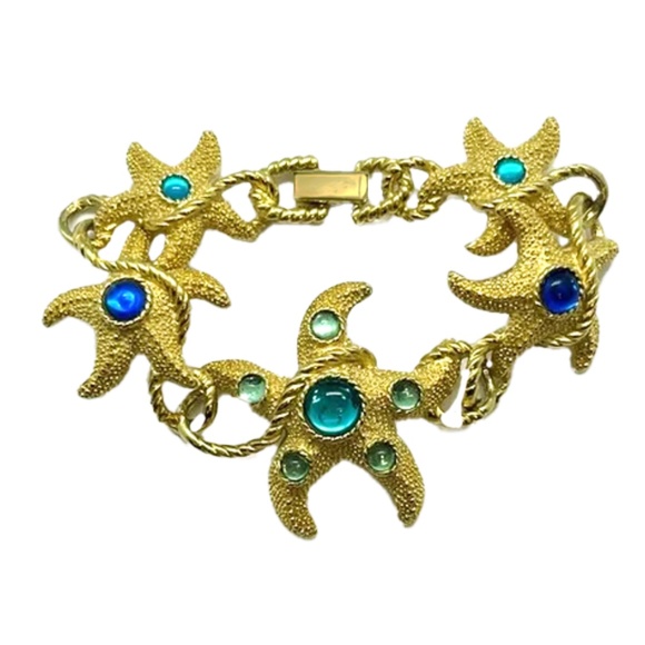 Vintage 80s Trifari Starfish Link Bracelet with Blue Jelly Cabochons - Picture 3 of 7